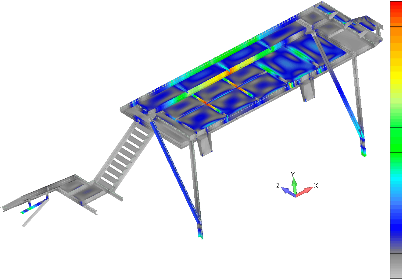 Calculs par éléments finis structure résistance des matériaux Simcenter Femap Nastran flèche déformation industriel Simulation numérique modéliser chiffrer optimiser note de calcul de validation durée de vie fatigue performances respect des normes mode propre de vibration résonnance risque de flambement contraintes sollicitation rupture retour élastique énergie déformation énergie potentielle de déformation élastique poids robustesse économie qualité conditions aux limites forces pression géométrie de construction 